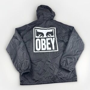 Obey Mens S Black Snap Up Hooded Hoodie Jacket Outerwear Skater Grunge Coat Y2K